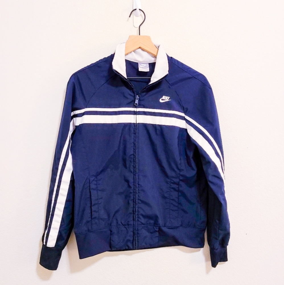 Nike Navy Blue & White Stripe Sportswear Full Zip Collared Bomber Jacket